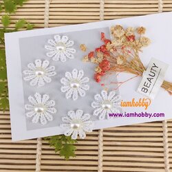 ดอกไม้ผ้าลูกไม้สวยๆสีขาว 2.5 cm. ผ้าเงา ตกแต่งมุกนูนสีครีม (20 ชิ้น)