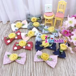 โบว์ผ้าแฮนด์เมดสไตล์ญี่ปุ่นน่ารักๆ ตกแต่งดอกกุหลาบ (แพ็คละ 6 คู่)