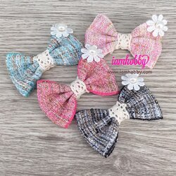 โบว์ผ้าแฮนด์เมด ตกแต่งดอกไม้ผ้าติดมุก (แพ็คละ 4 คู่)