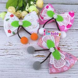 โบว์ผ้าสีหวานตกแต่งปอมปอมเชอรี่ งานแฮนด์เมดสวยๆ (แพ็คละ 3 คู่)
