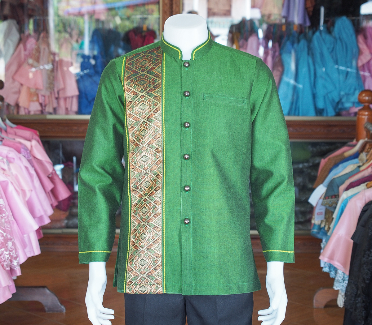 เสื้อผ้าฝ้ายสุโขทัยแต่งจก คอพระราชทานแขนยาว สีเขียว ไซส์ 3XL
