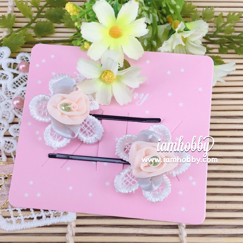 กิ๊บตัดผมดอกไม้แต่งดอกกุหลาบสีส้มติดเพชร (1 คู่)