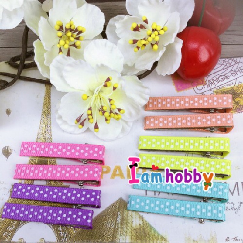 กิ๊บหุ้มผ้าลายจุด 4 cm. คละสี โทนสีพลาสเทล (10 คู่)