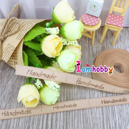 ริบบิ้นผ้าสีกากีพิมพ์ลายHandmade (4 หลา)
