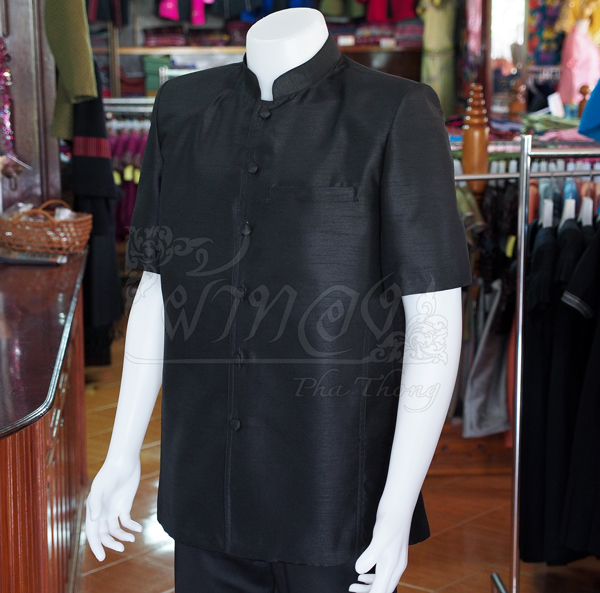 เสื้อผ้าไหมแพรทองคอพระราชทานแขนสั้น สีดำ ไซส์ L