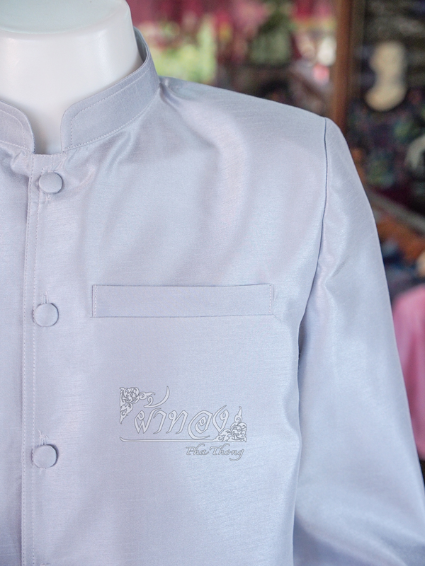 เสื้อผ้าไหมแพรทองคอพระราชทานแขนยาว สีเทาเงิน ไซส์ XL