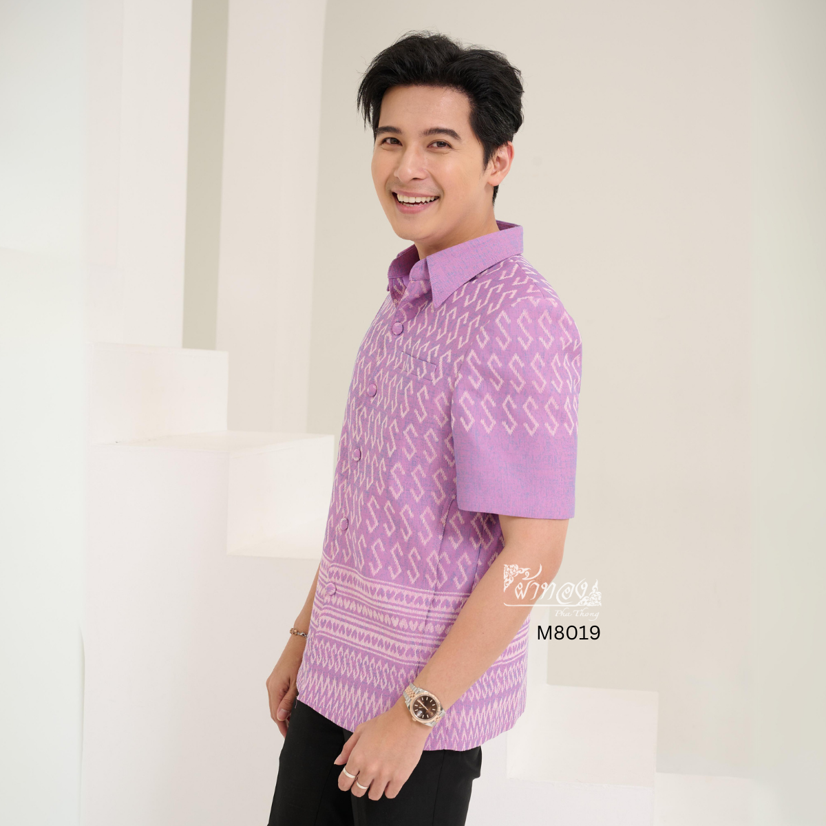 เสื้อผ้าฝ้ายลายขอ สีม่วง ไซส์ S