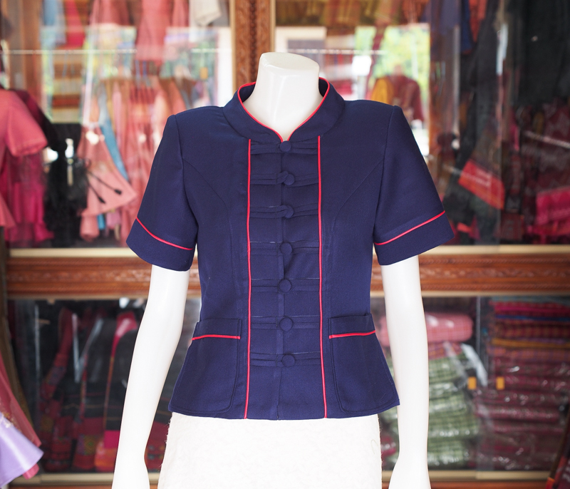 เสื้อผ้าฝ้ายสุโขทัยคอจีน สีกรมท่า แต่งกุ๊น ไซส์ S