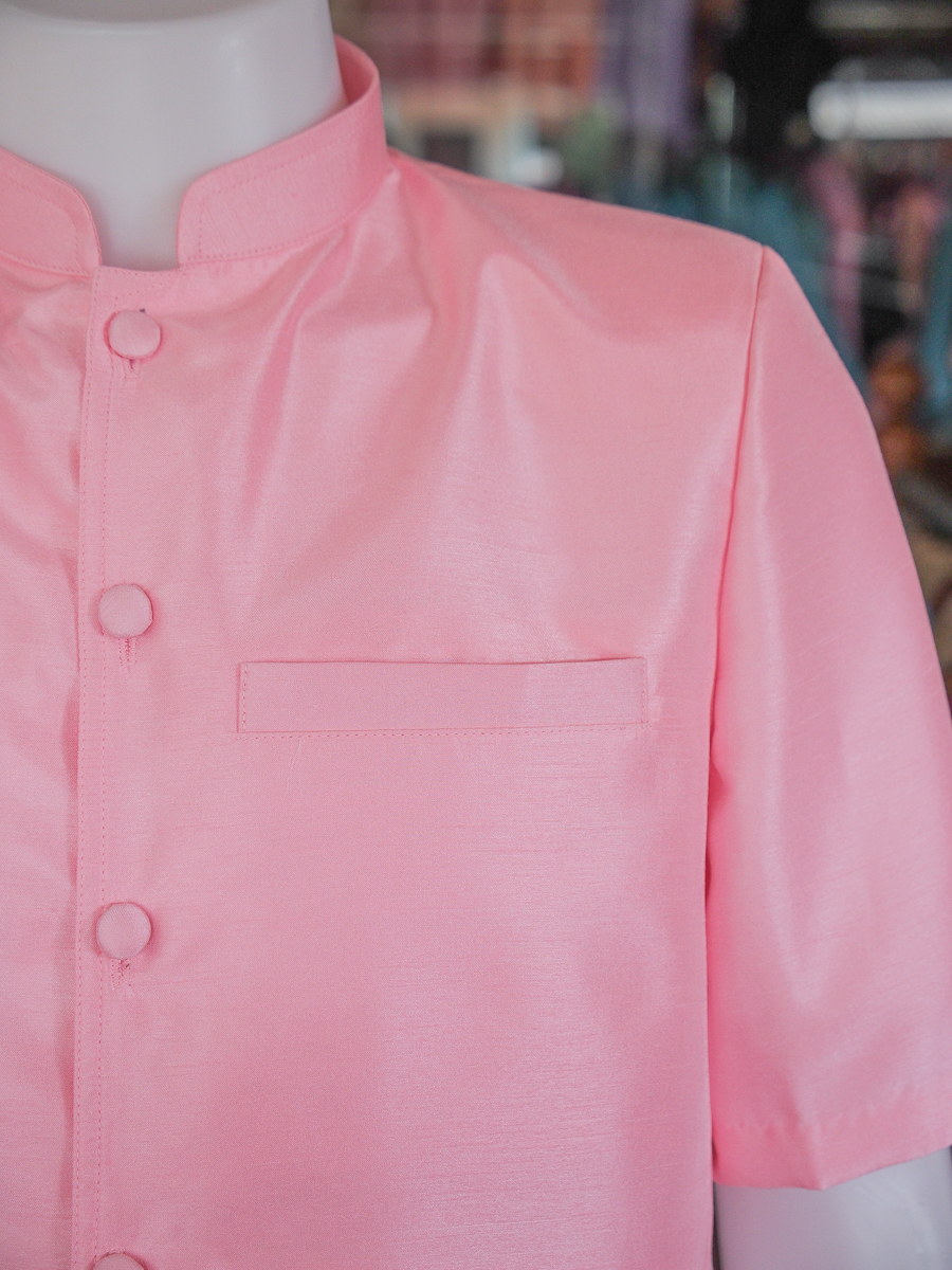 เสื้อผ้าไหมแพรทอง คอพระราชทาน สีชมพู ไซส์ S