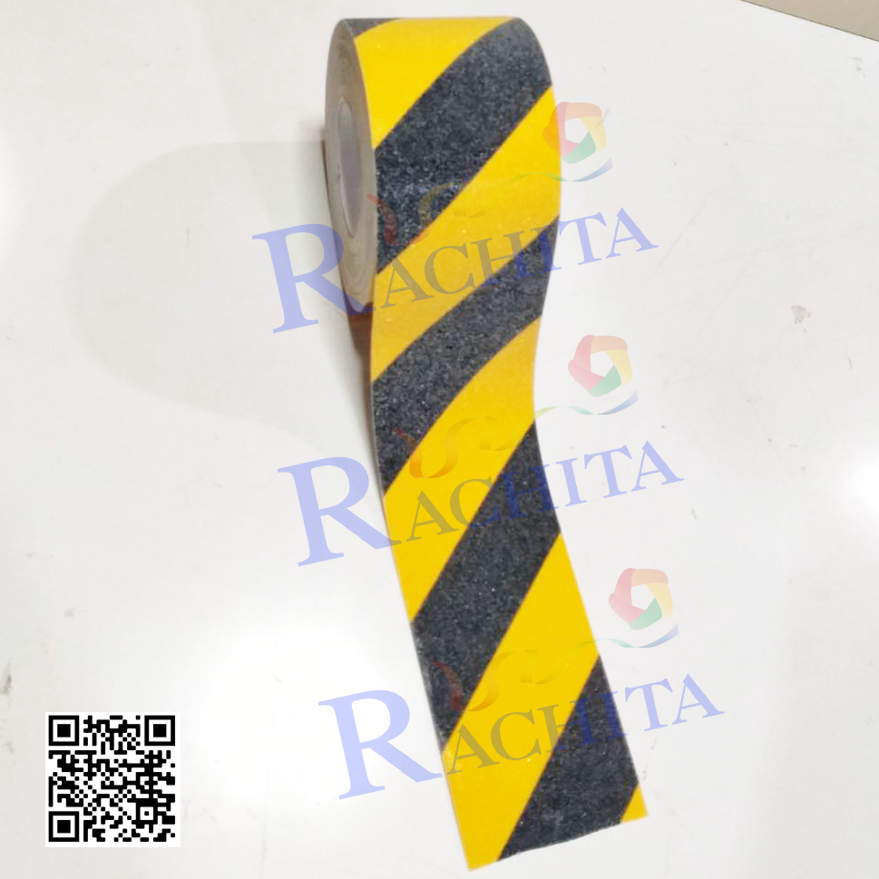 Anti slip tape เทปกันลื่น สีเหลืองดำ กว้าง 4" ยาว 18 เมตร ผิวหยาบ สำหรับติดบันได ทางเดิน ทางลาดเอียง
