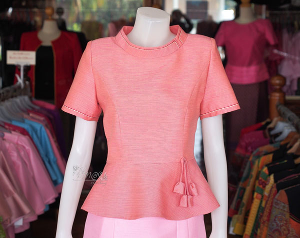 เสื้อผ้าฝ้ายสุโขทัย แต่งเดินไหม คอตั้ง สีชมพูโอรส ไซส์ M