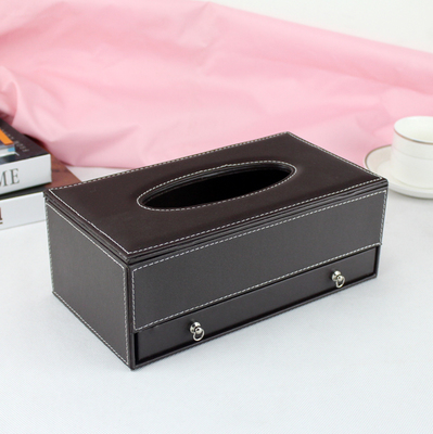 กล่องหนัง ใส่กระดาษทิชชู่ พร้อมลิ้นชักใส่ของ สีน้ำตาลเข้ม ขนาด 25.5cm x 13.5cm x 9.5cm
