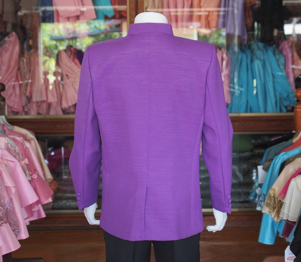 เสื้อผ้าฝ้ายแพรเงิน คอพระราชทานแขนยาว สีม่วงเข้ม ไซส์ XL
