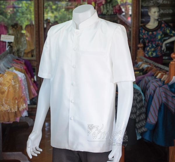 เสื้อผ้าไหมแพรทองคอพระราชทานแขนสั้น สีขาวนวล ไซส์ M