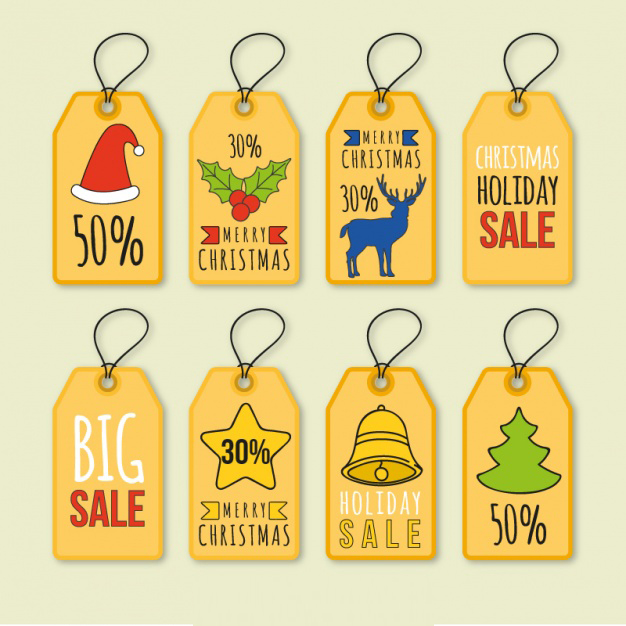 ป้ายสินค้า Hang Tag ป้ายกระดาษ สไตล์การออกแบบดีไซน์แบบเรียบๆแต่ดูดีมีสไตล์ ป้ายสินค้าไว้สำหรับประชาสัมพันธ์แก่ลูกค้าเกี่ยวกับสินค้าลดราคาในช่วงเทศกาลคริสมาส // ตัวอย่างดีไซน์ ป้ายสินค้า Hang Tag ป้ายกระดาษ