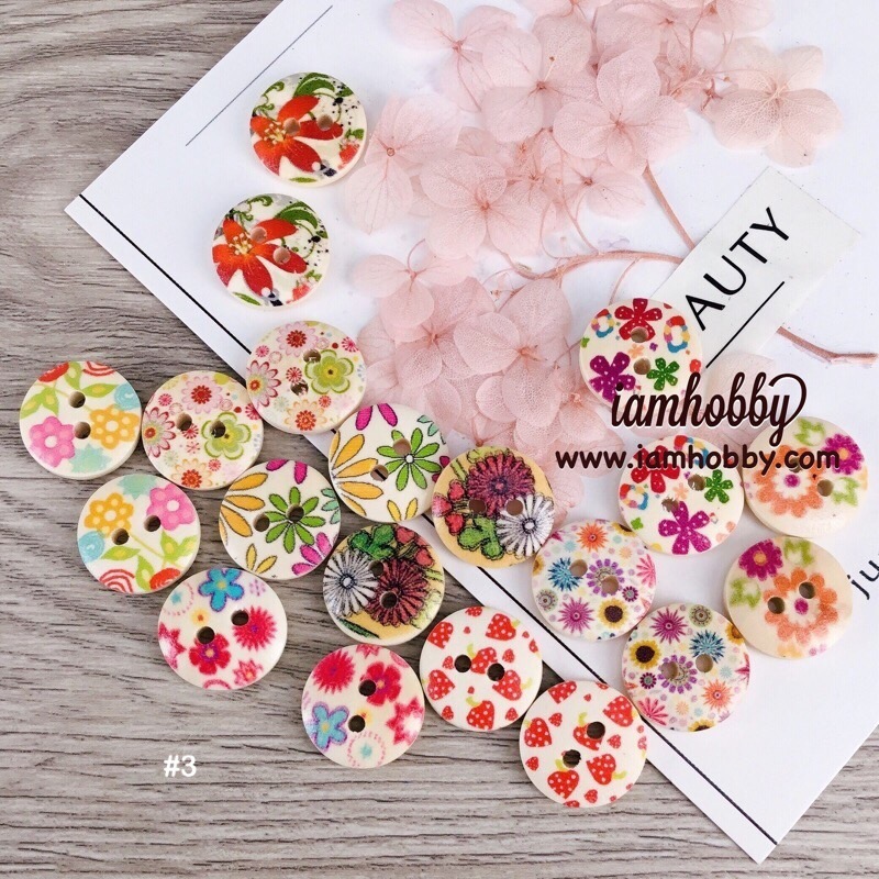 กระดุมไม้สวยๆ ขนาด 15 มิล คละลาย ชุดA (แพ็ค 10 คู่) เลือกset