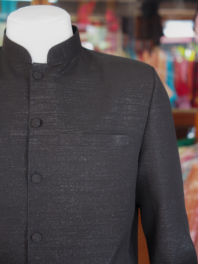 เสื้อผ้าฝ้ายแพรเงิน คอพระราชทานแขนยาว สีดำ ไซส์ 4XL