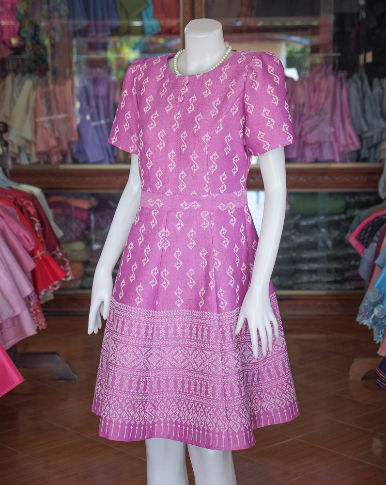 เดรสผ้าฝ้ายลายขอ สีชมพู ไซส์ S