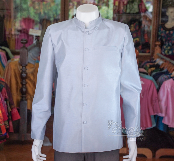 เสื้อผ้าไหมแพรทองคอพระราชทานแขนยาว สีเทาเงิน ไซส์ 2XL