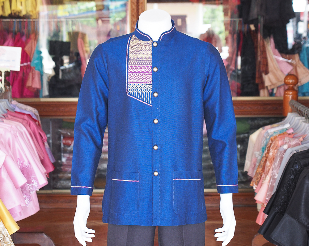 เสื้อผ้าฝ้ายสุโขทัยแต่งจกคอพระราชทานแขนยาว สีน้ำเงิน ไซส์ XL