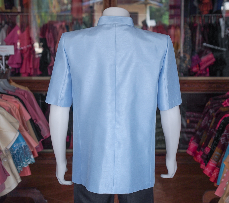 เสื้อผ้าไหมแพรทอง คอพระราชทาน สีฟ้าอ่อน ไซส์ 3XL
