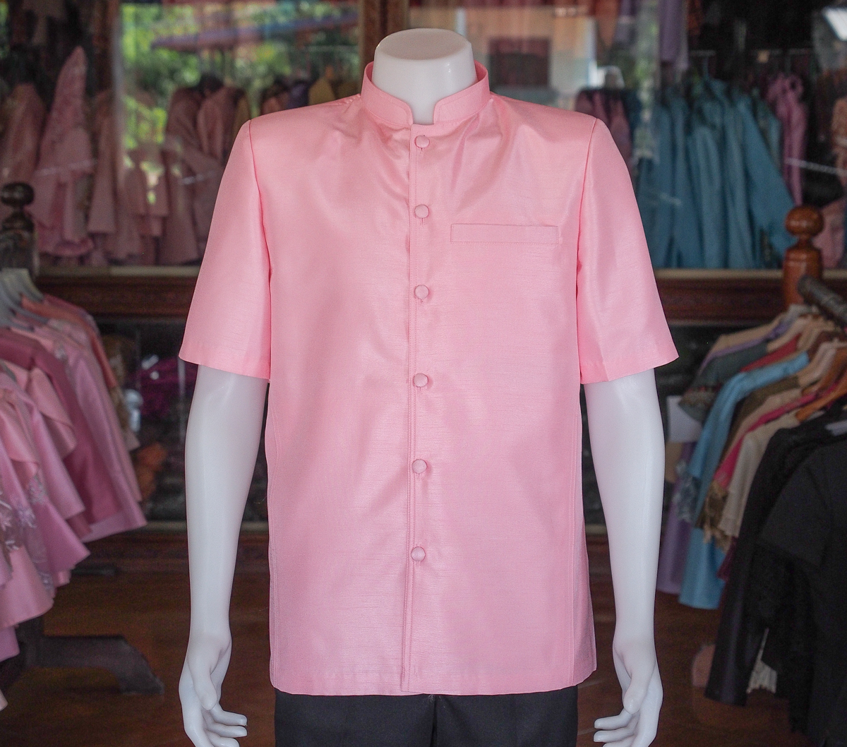 เสื้อผ้าไหมแพรทอง คอพระราชทาน สีชมพู ไซส์ S
