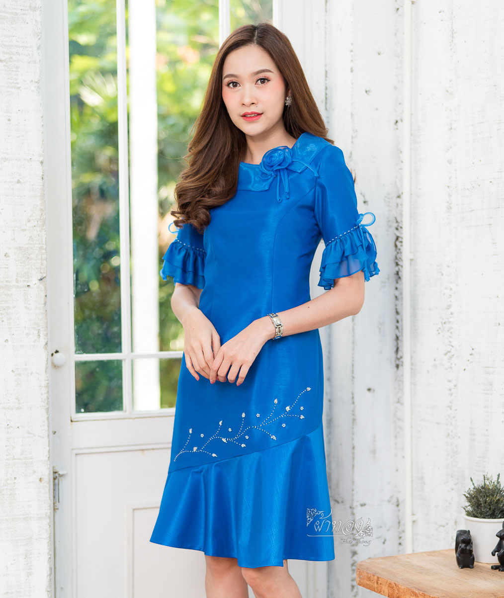 เดรสผ้าไหมแพรทอง สีน้ำเงิน ไซส์ S
