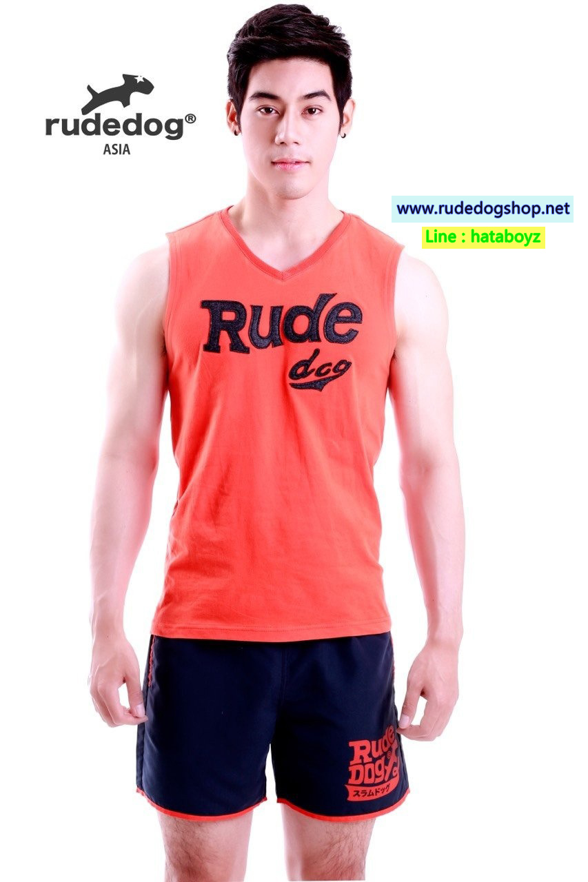 เสื้อยืดคอวีแขนกุด rudedog รุ่น GYM Text สีส้ม