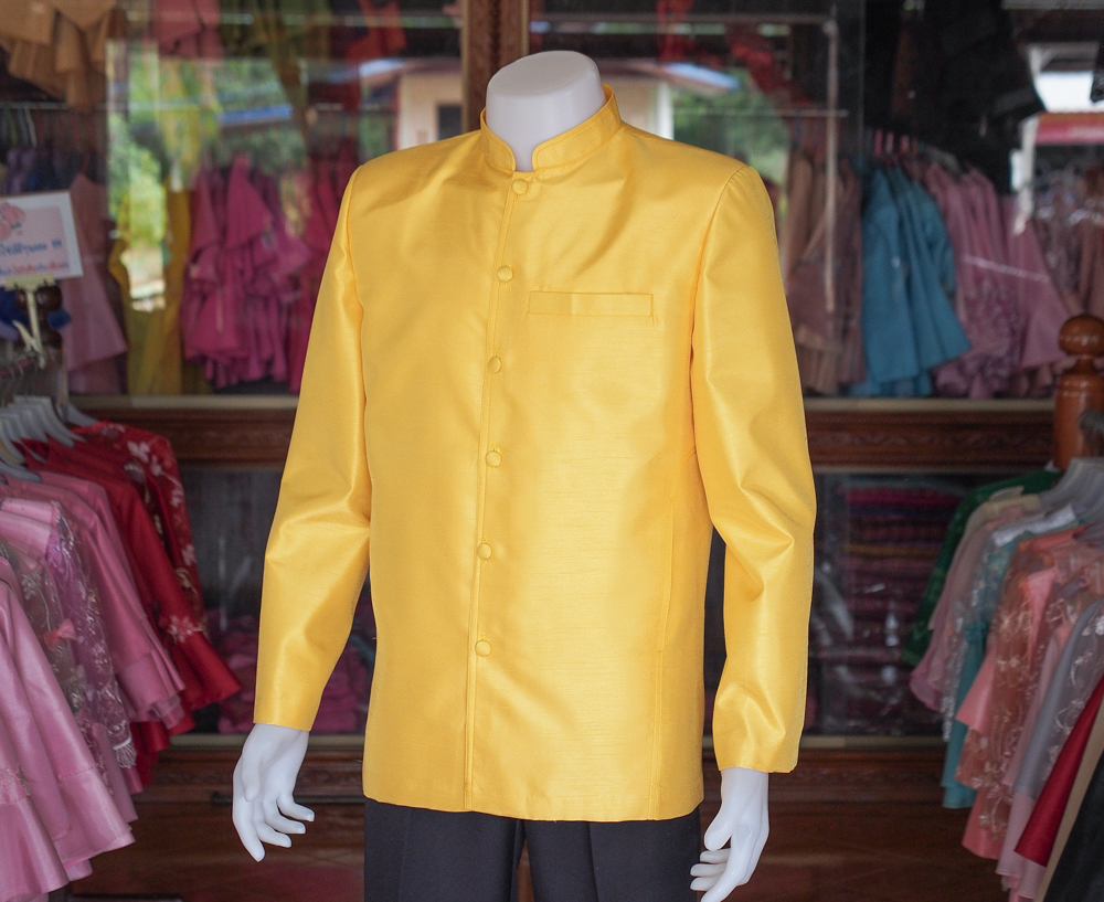 เสื้อผ้าไหมแพรทองคอพระราชทานแขนยาว สีเหลือง ไซส์ 3XL