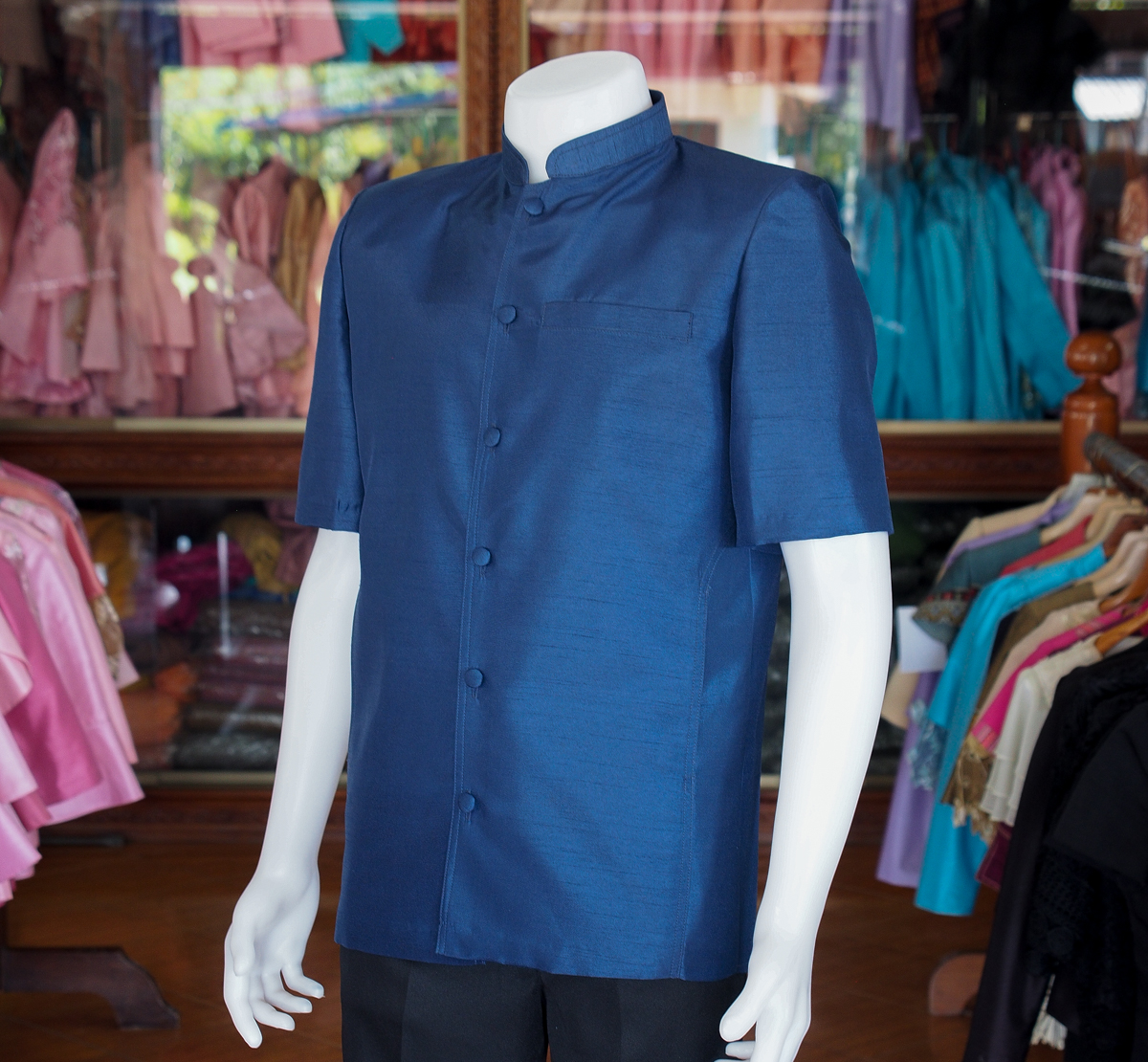 เสื้อผ้าไหมแพรทอง คอพระราชทาน สีกรมท่า ไซส์ L