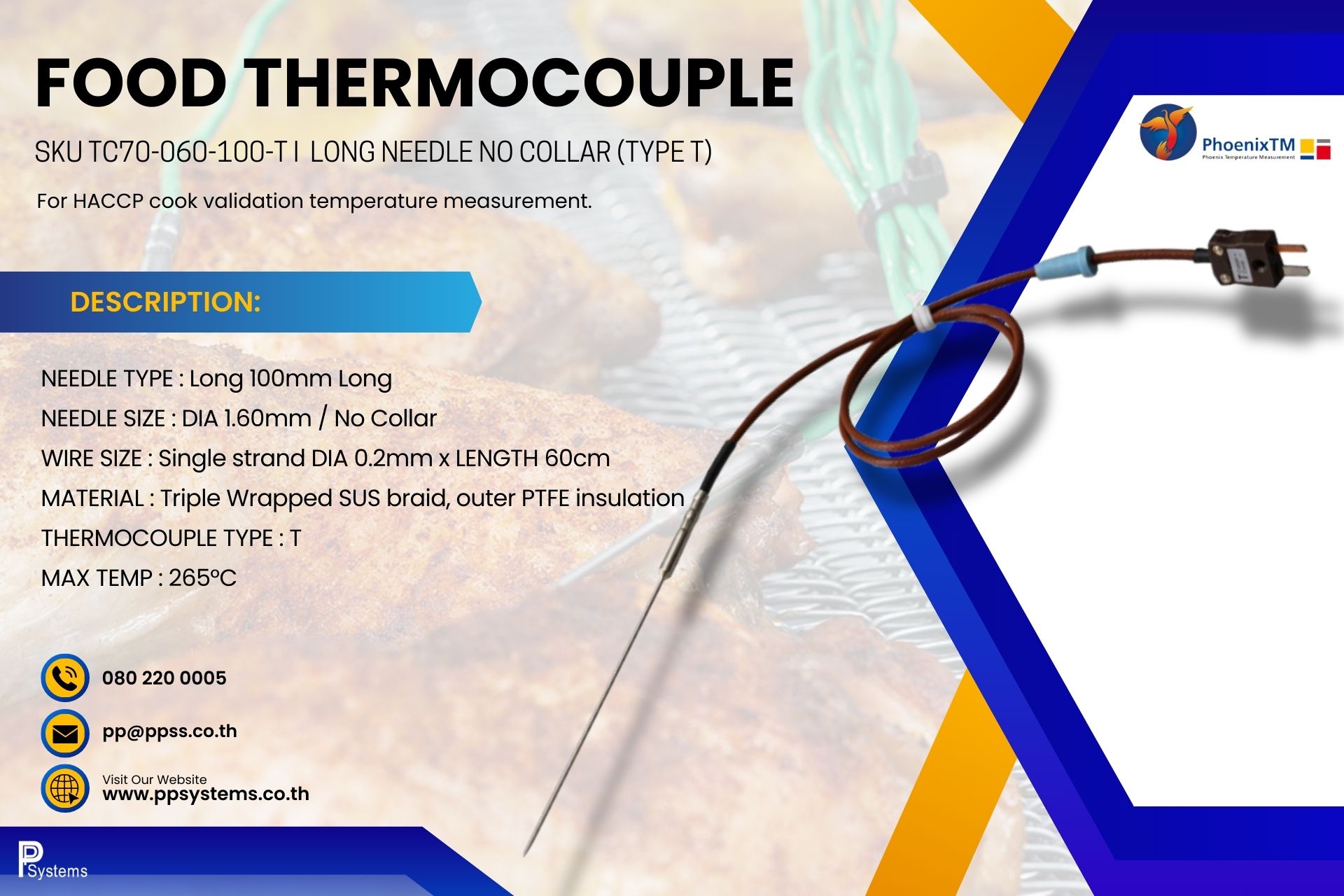 [TC70-060-100-T] PHOENIXTM Long Needle Thermocouple, Diameter 1.6mm / 100mm Long, Type T - 0.6m long