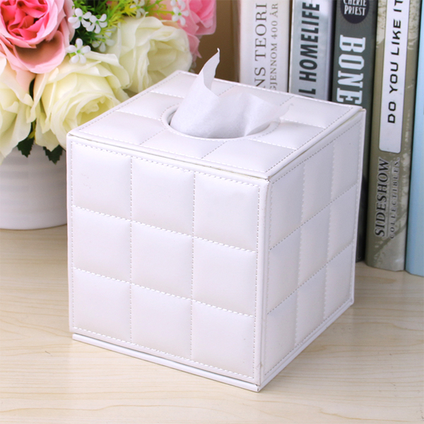 กล่องทิชชู่ หนัง pu สีขาว ลาย grid หนังแกะ ใส่กระดาษทิชชู่ ขนาด 13cm x 13cm x 13cm