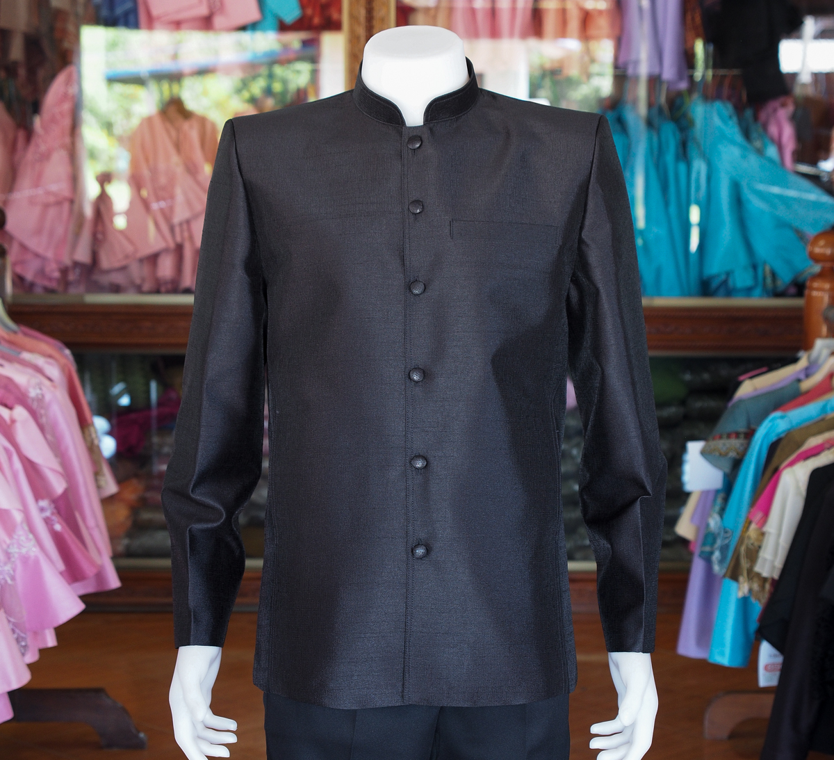 เสื้อสูทไหมมุก คอพระราชทานแขนยาว สีดำ ไซส์ L