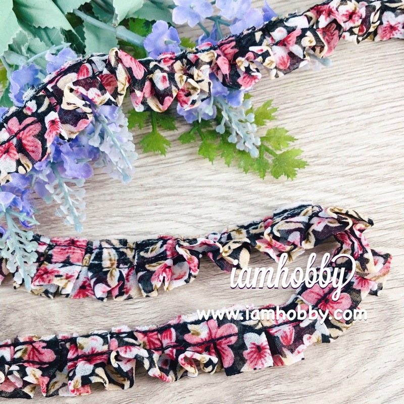ระบายจีบผ้าชีฟองลายดอกไม้ ขนาด 2 cm. (1 หลา)