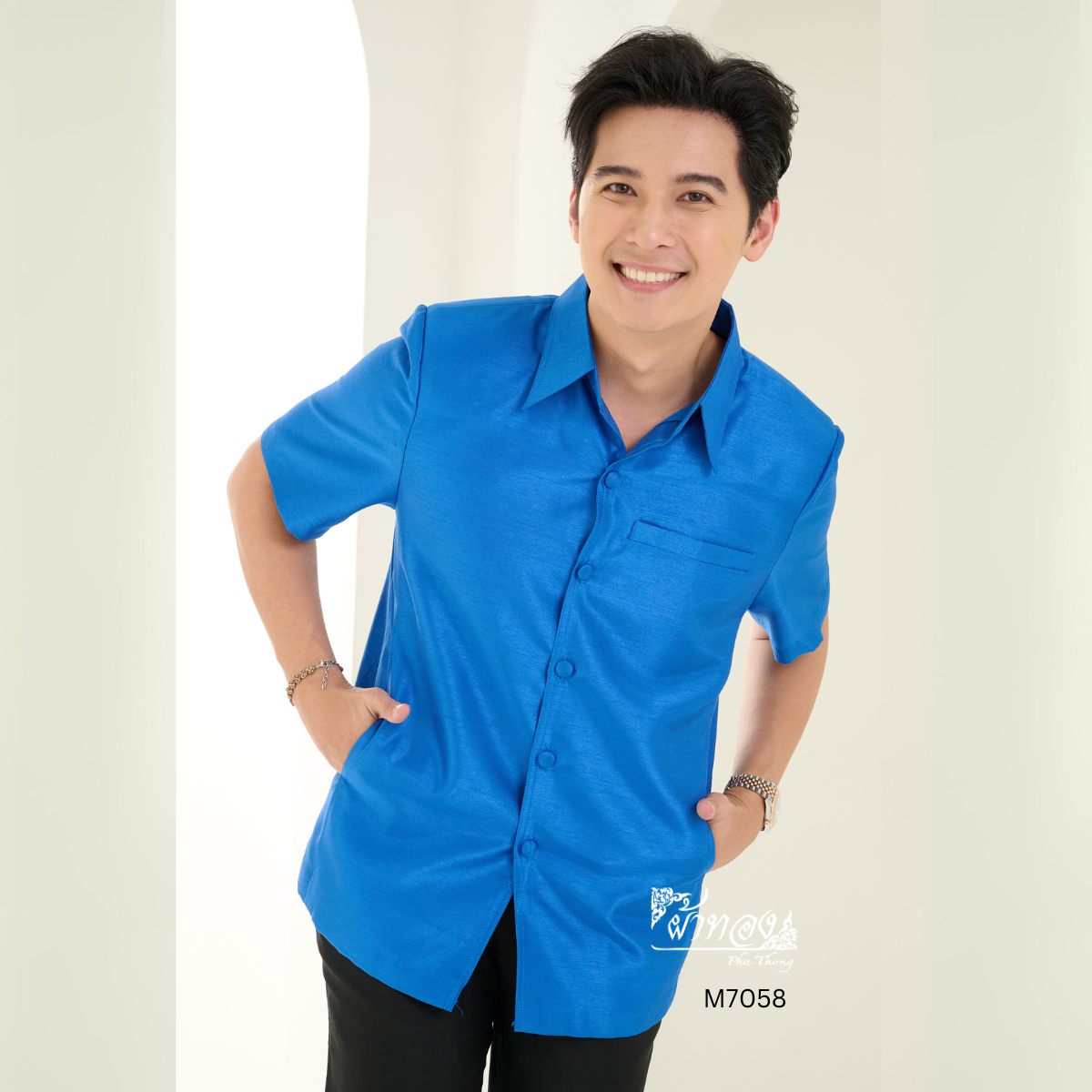 เสื้อผ้าไหมแพรทอง สีน้ำเงินเข้ม ไซส์ 3XL