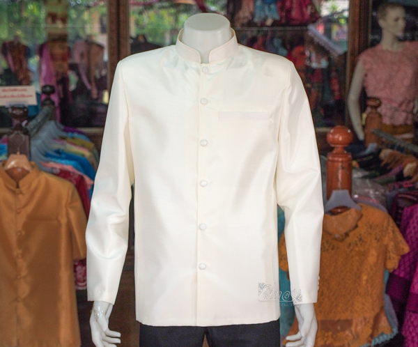 เสื้อผ้าไหมแพรทองคอพระราชทานแขนยาว สีขาวงาช้าง ไซส์ S