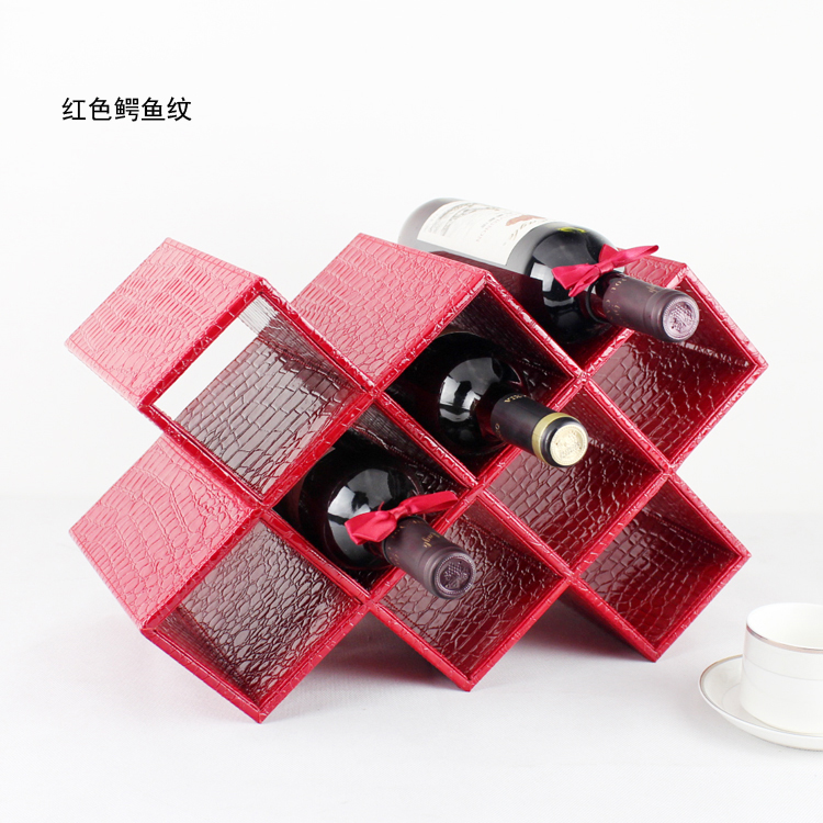 ชั้นวางขวดไวน์หนัง สีแดงลายหนังจระเข้ ที่วางไวน์หนัง แบบ 8 ช่อง วางได้ 10 ขวด