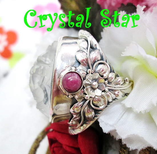 แหวนเงินโป่งข่ามแกะสลัก+ทับทิม