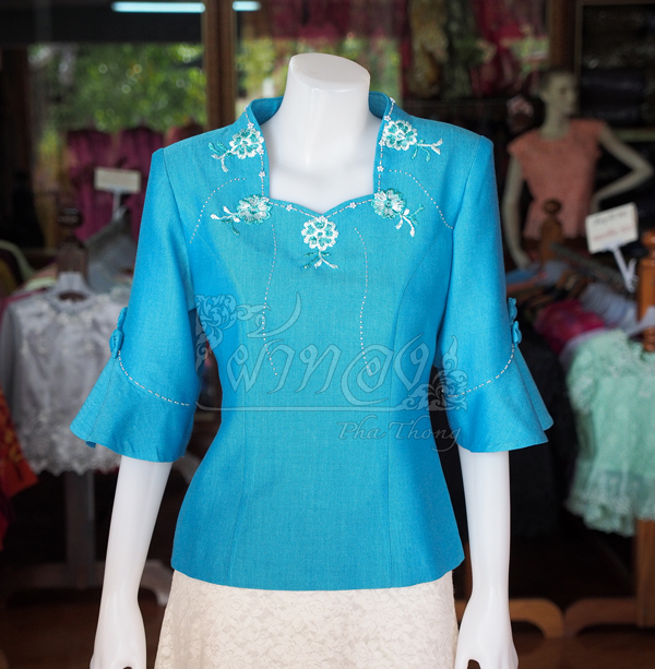 เสื้อผ้าฝ้ายสุโขทัยปักมุก สีฟ้า ไซส์ S
