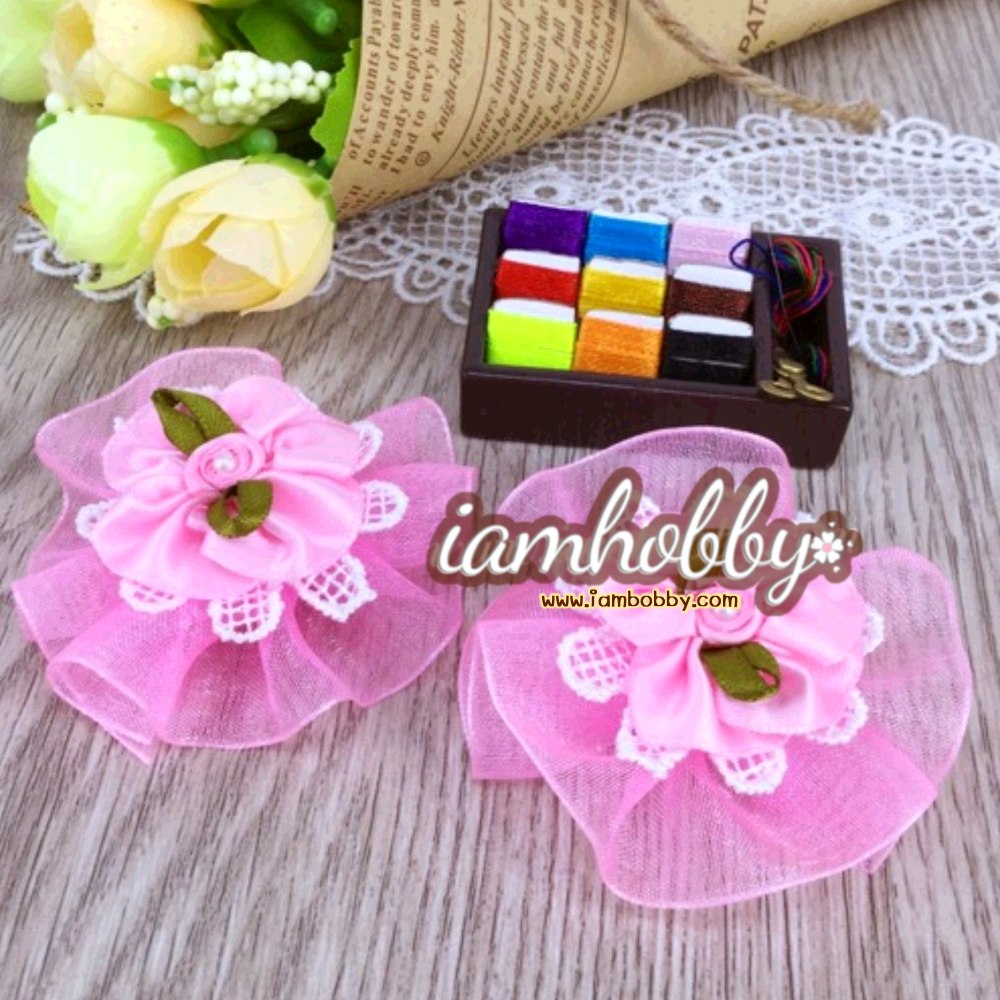 ดอกไม้รับบิ้นผ้าแก้วสีชมพูหวาน ตกแต่งลูกไม้ ดอกไม้ผ้าสีชมพู (แพ็คละ 1 คู่)