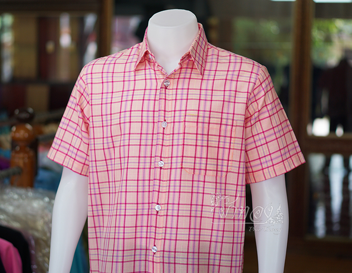 เสื้อเชิ้ตผ้าทอลายสก็อต ไม่อัดผ้ากาว สีชมพู ไซส์ S