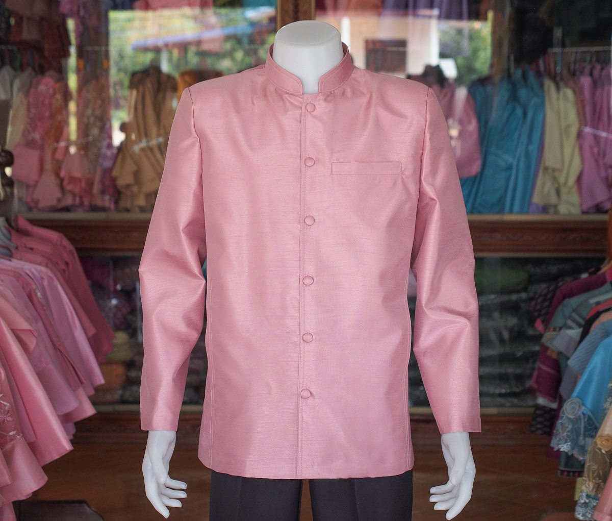 เสื้อผ้าไหมแพรทองคอพระราชทานแขนยาว สีชมพูกะปิ ไซส์ XL