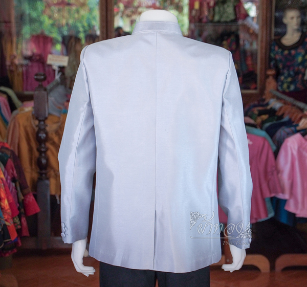 เสื้อผ้าไหมแพรทองคอพระราชทานแขนยาว สีเทาเงิน ไซส์ XL