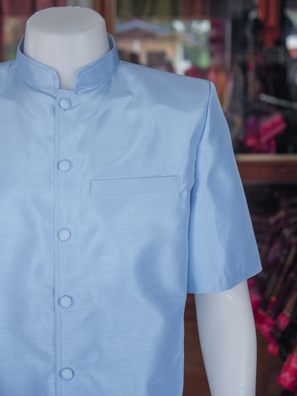 เสื้อผ้าไหมแพรทอง คอพระราชทาน สีฟ้าอ่อน ไซส์ 3XL
