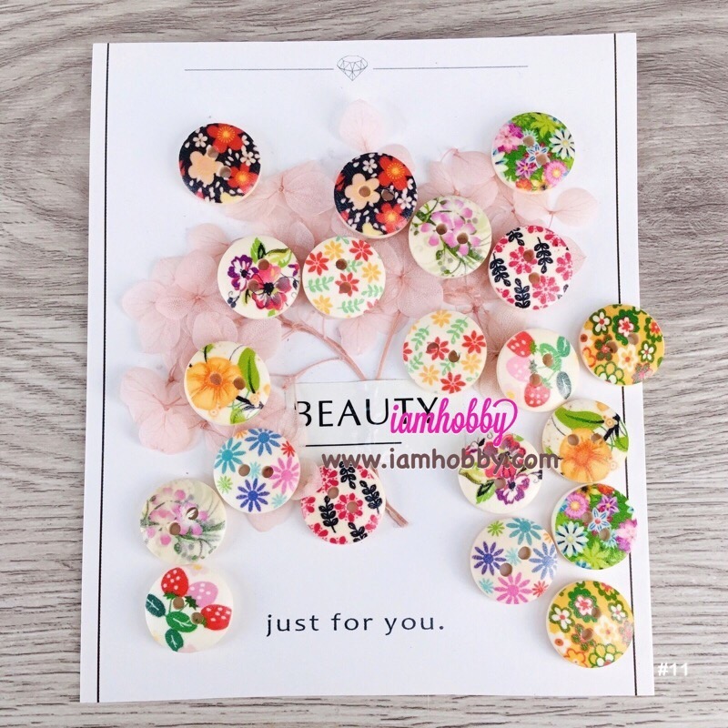 กระดุมไม้สวยๆ ขนาด 15 มิล คละลาย ชุดA (แพ็ค 10 คู่) เลือกset