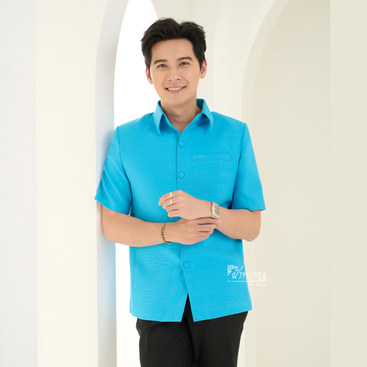 เสื้อผ้าฝ้ายแพรเงิน สีฟ้าเข้ม ไซส์ S