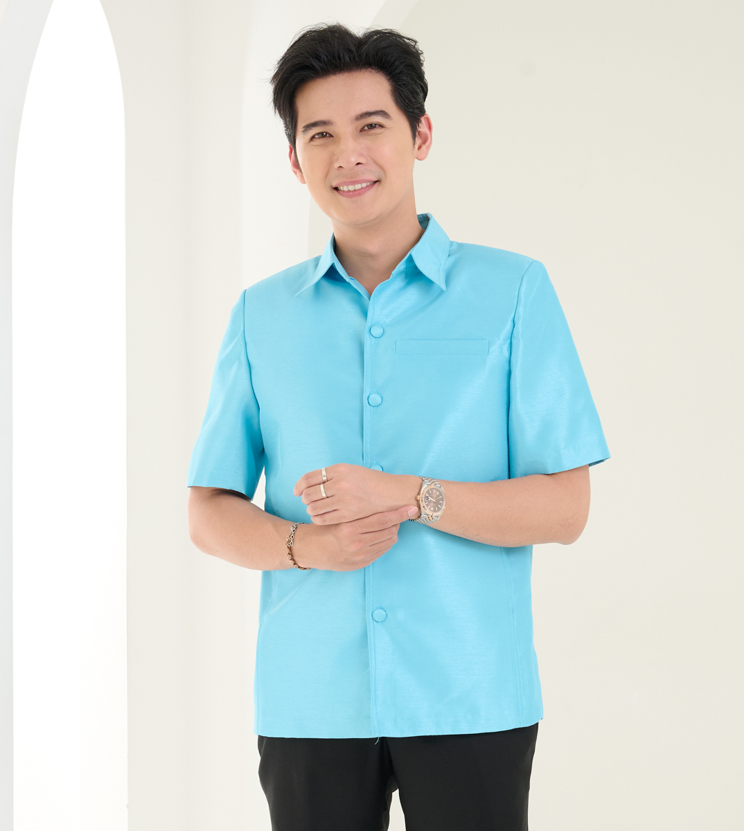 เสื้อผ้าไหมแพรทอง สีฟ้า ไซส์ M