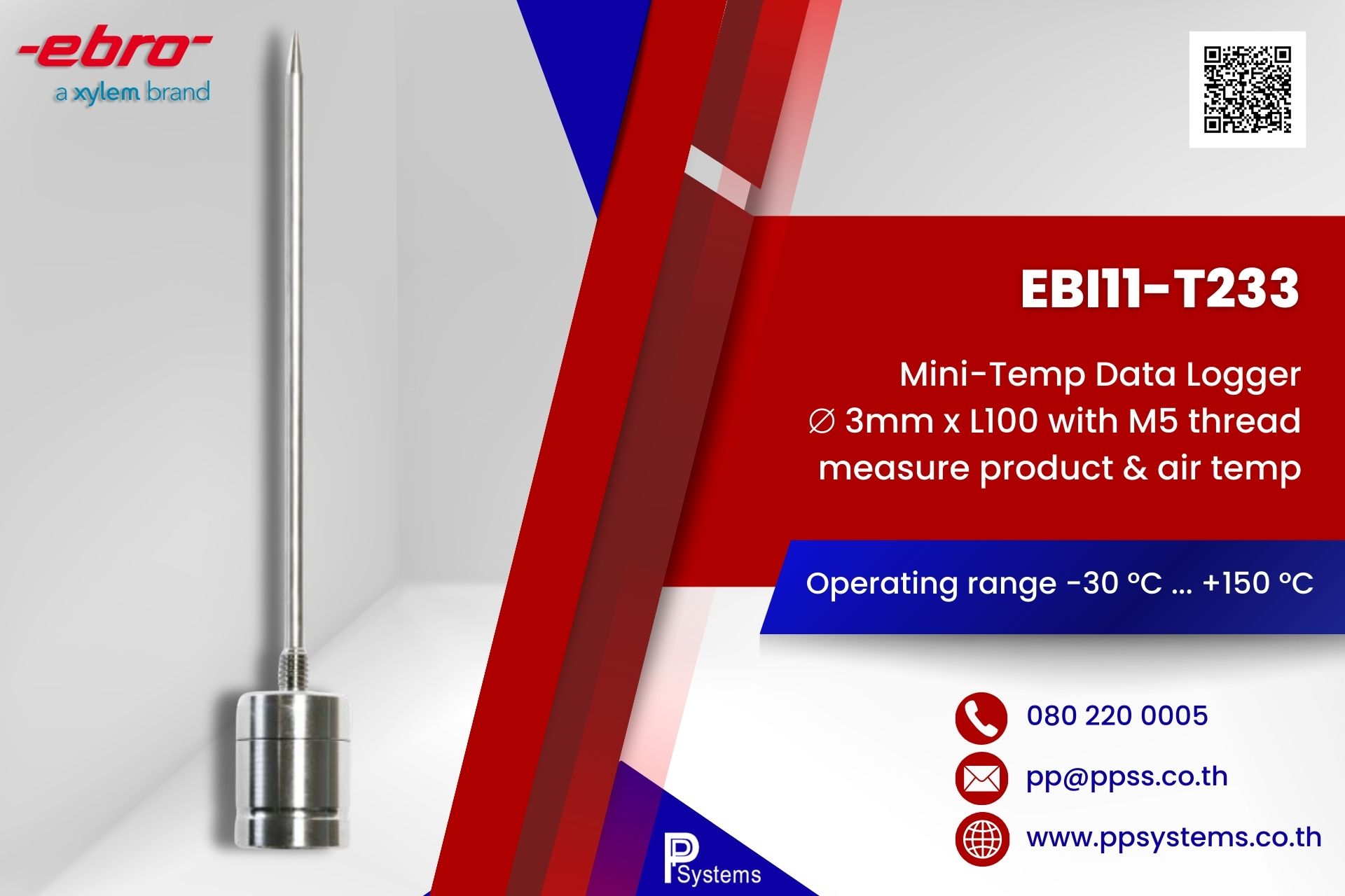 EBRO Mini-Temp Data Logger Probe ⌀ 3mm x L100 with M5 thread range -30°C to 150°C l เครื่องบันทึกอุณหภูมิ สำหรับวัดอากาศและสินค้ากระบวนการผลิตอาหาร