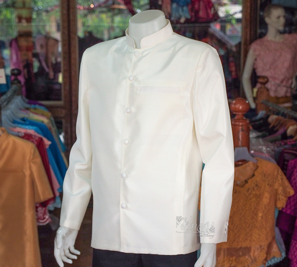 เสื้อผ้าไหมแพรทองคอพระราชทานแขนยาว สีขาวงาช้าง ไซส์ 2XL
