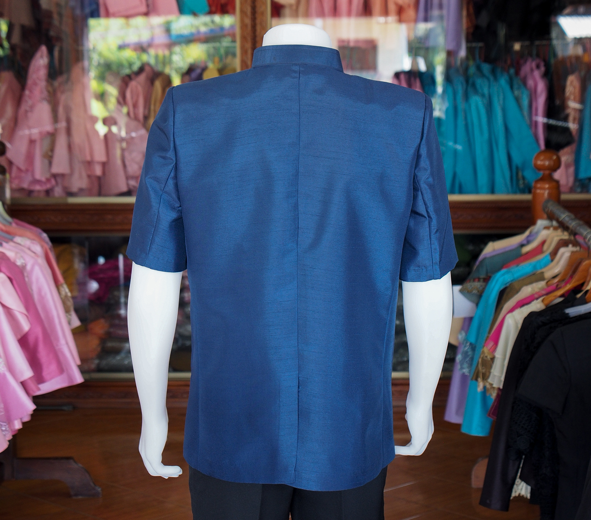 เสื้อผ้าไหมแพรทอง คอพระราชทาน สีกรมท่า ไซส์ L